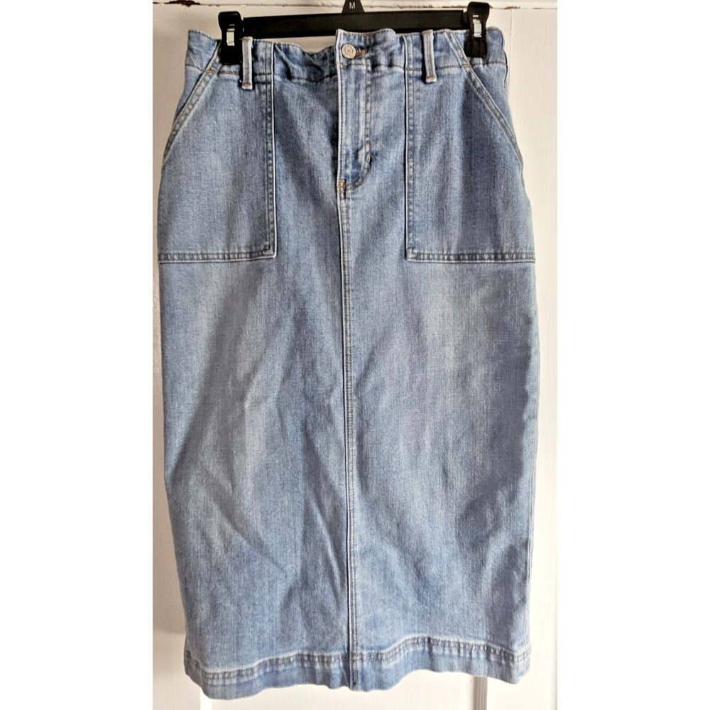 TALBOTS Denim midi skirt woman Sz 6 light wash large pockets‎ back slit